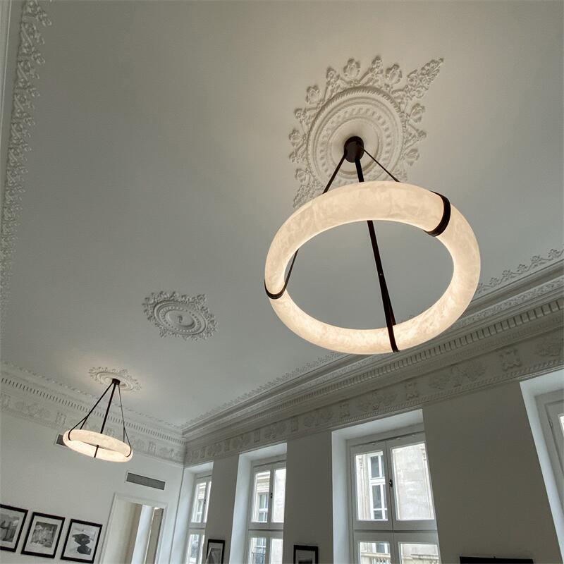 Oslo L1P Pendant Alabaster Chandelier, Halo Ring Chandelier With canopy Over Dining Table Chandelier Kevin Studio Inc   