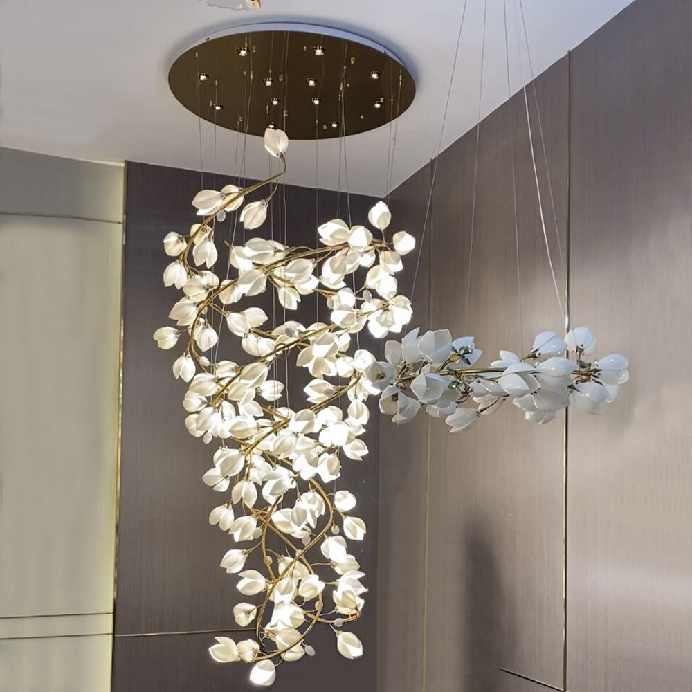 Creative Spiral Pure White Magnolia Chandelier with Golden Branches for Staircase/High-ceiling Space/Foyer/ Duplex Chandeliers Kevin Studio Inc D31.5"*H70.9" Warm Light 