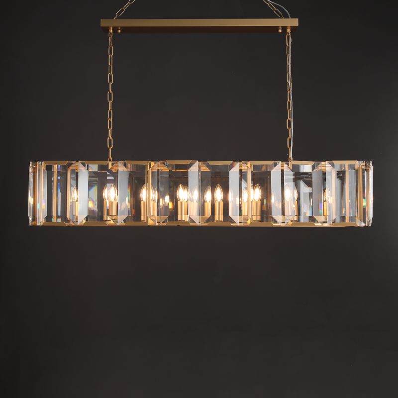 Helia Modern Faceted Crystal Glass Rectangular Chandelier 42", 54”, 62“, 74” chandelier Kevin Studio Inc 54" Lacquered Burnished Brass 