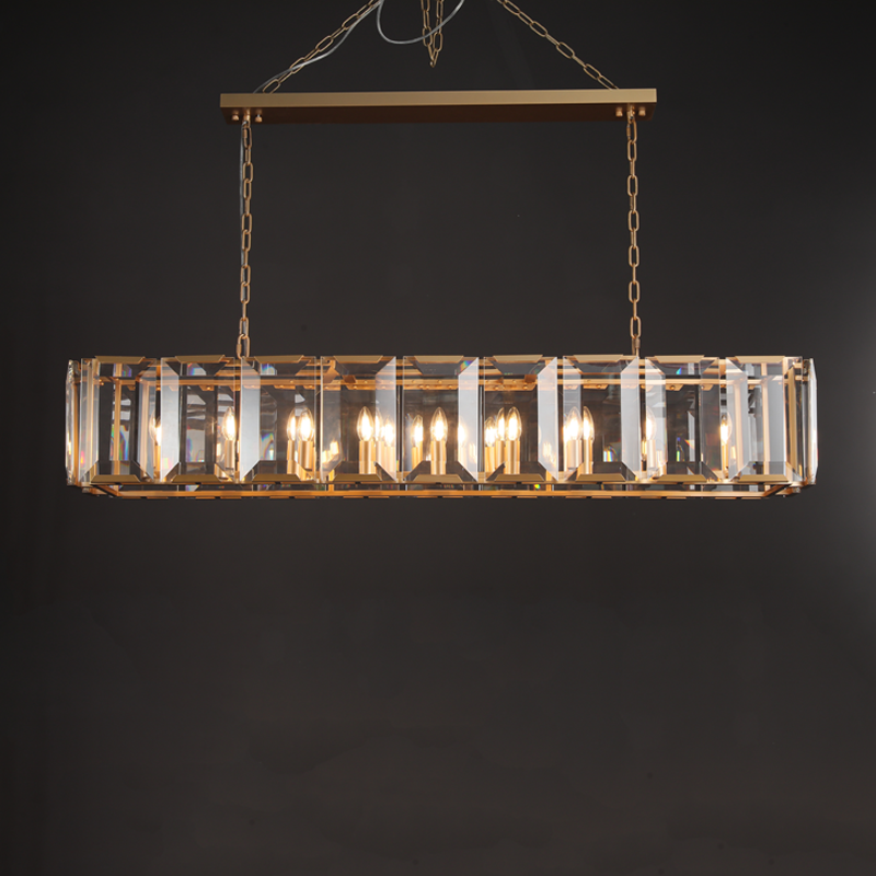 Helia Modern Faceted Crystal Glass Rectangular Chandelier 42", 54”, 62“, 74” chandelier Kevin Studio Inc 62" Lacquered Burnished Brass 