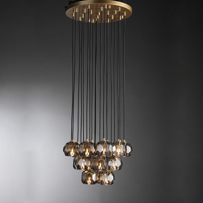 Floris Modern Crystal Ball Round Cluster Chandelier 19" chandelier Kevin Studio Inc Lacquered Burnished Brass Smoky 