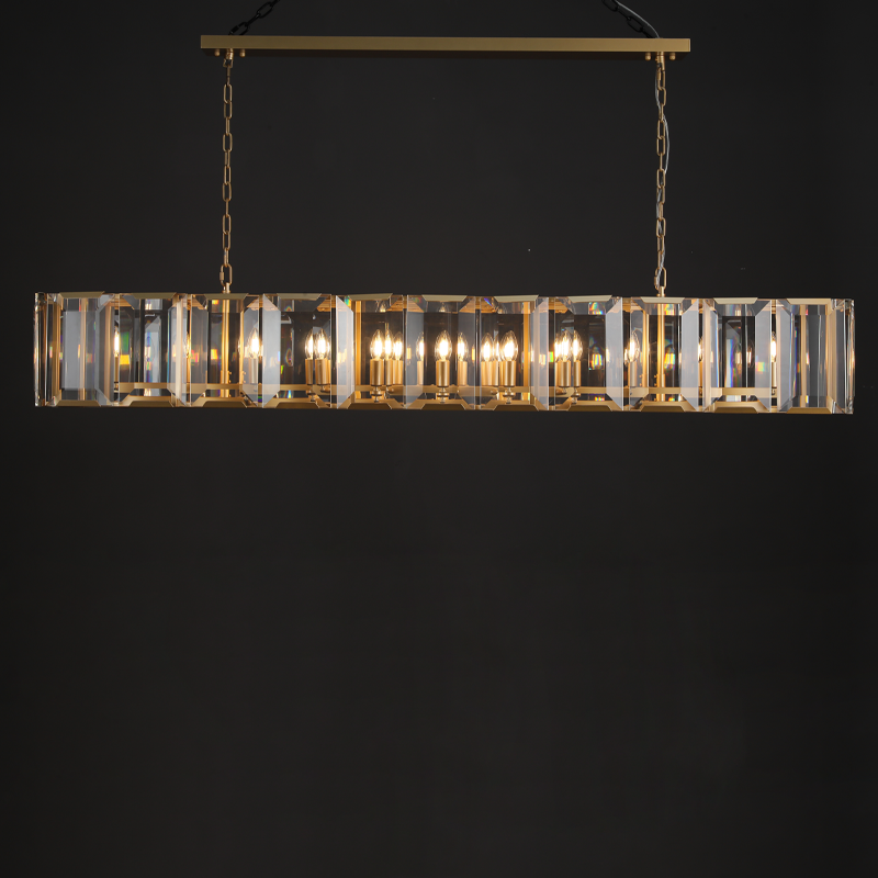 Helia Modern Faceted Crystal Glass Rectangular Chandelier 42", 54”, 62“, 74” chandelier Kevin Studio Inc 74" Lacquered Burnished Brass 
