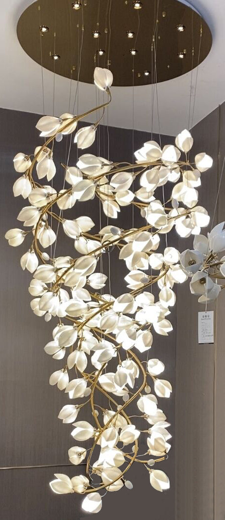 Creative Spiral Pure White Magnolia Chandelier with Golden Branches for Staircase/High-ceiling Space/Foyer/ Duplex Chandeliers Kevin Studio Inc   