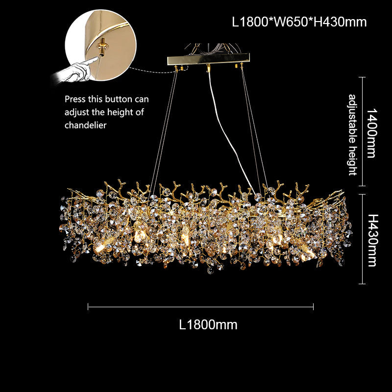 Thisbe Modern Crystal Linear Gold Branch Chandelier, Luxury Chandelier Living Room chandelier Kevin Studio Inc 70.9"L X 25.6"W X 17"H  