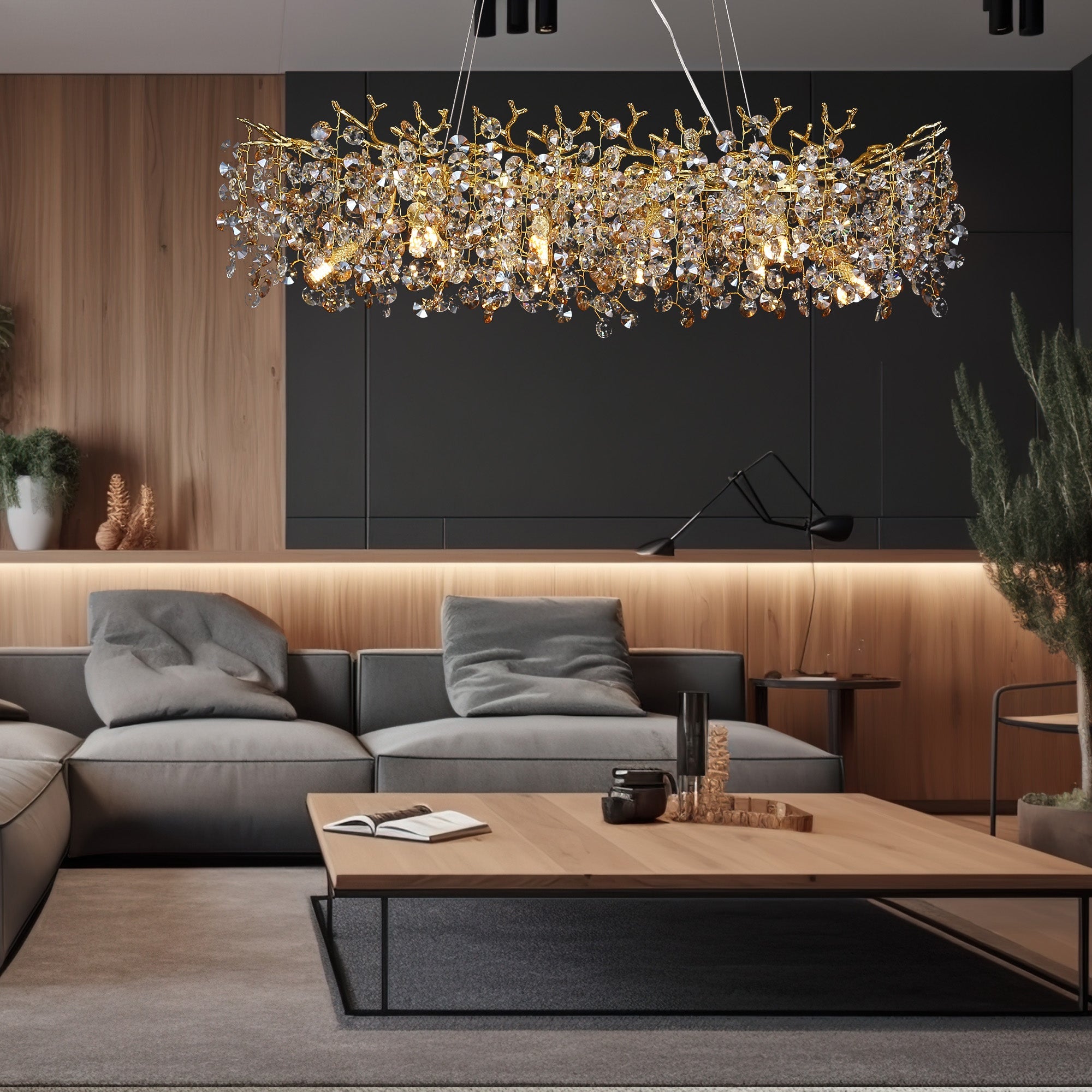 Thisbe Modern Crystal Round Gold Branch Chandelier, Luxury Chandelier Living Room chandelier Kevin Studio Inc   