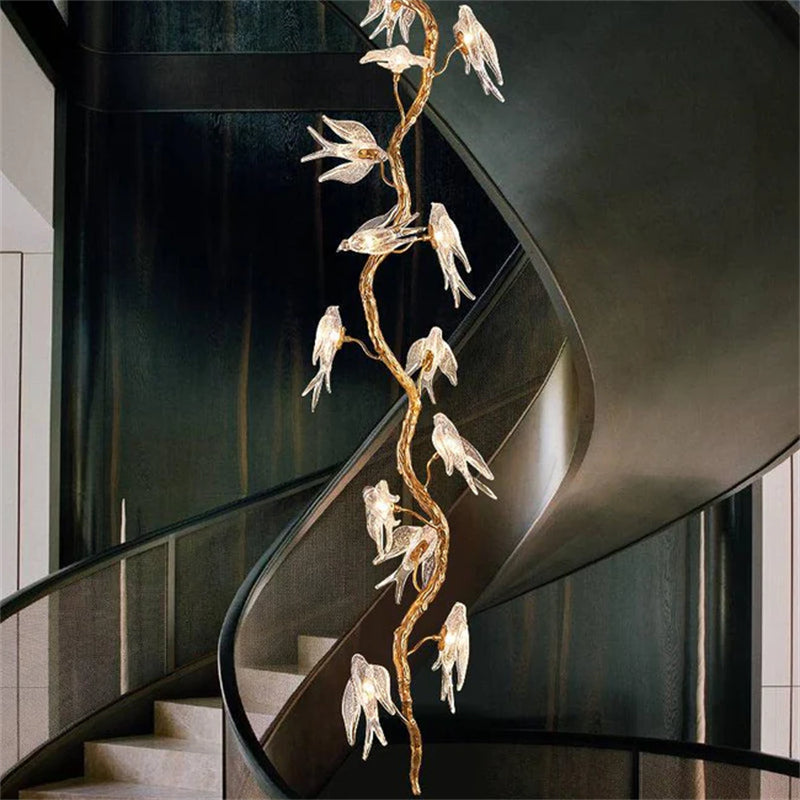 Madeline Bird Glass Tree Branch Long Staircase Chandelier Chandelier Kevin Studio Inc 17.7" D x 90.6" H  