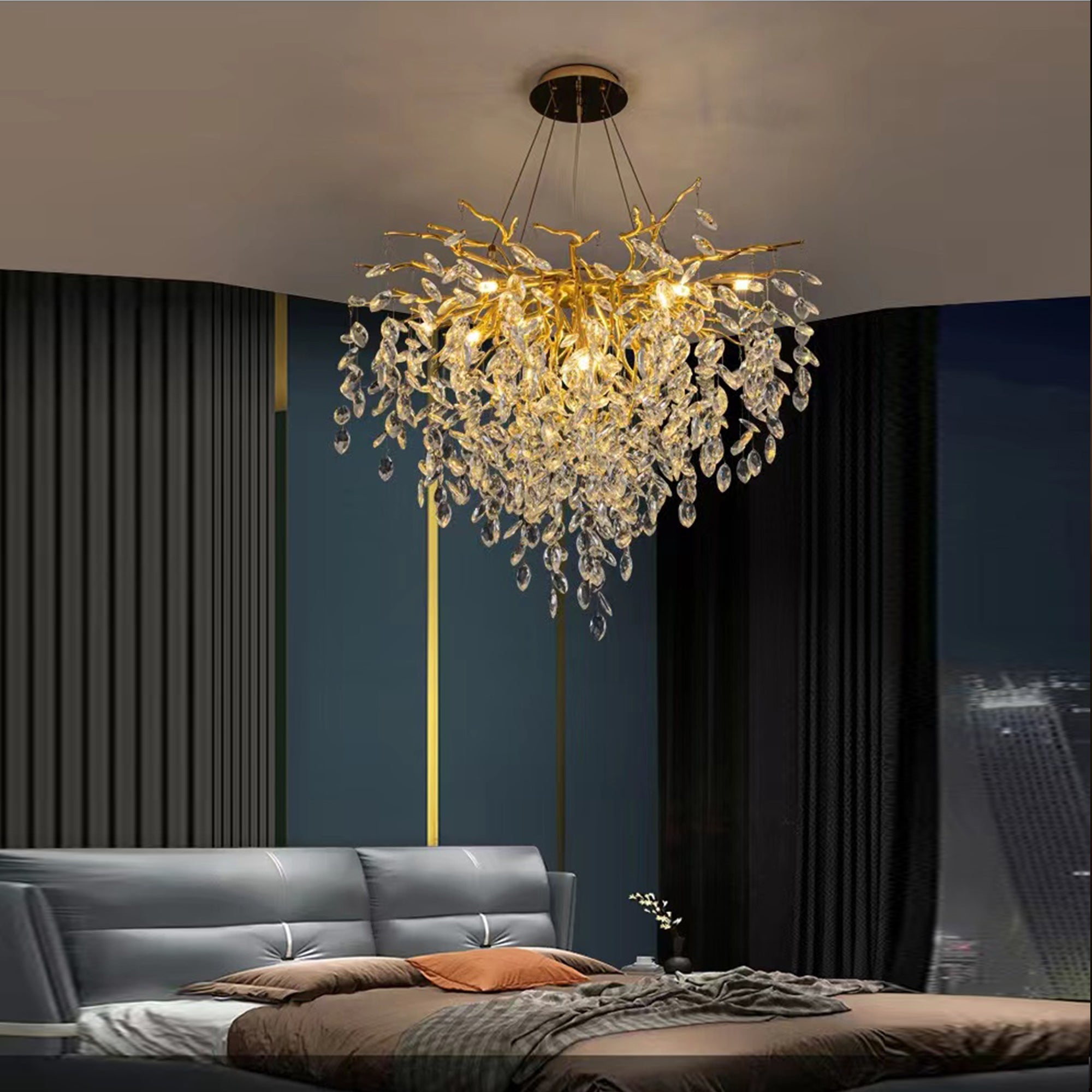 Helios Modern Round Gold Clear Crystal Branch Chandelier For Living Room Branch Chandelier Kevin Studio Inc   