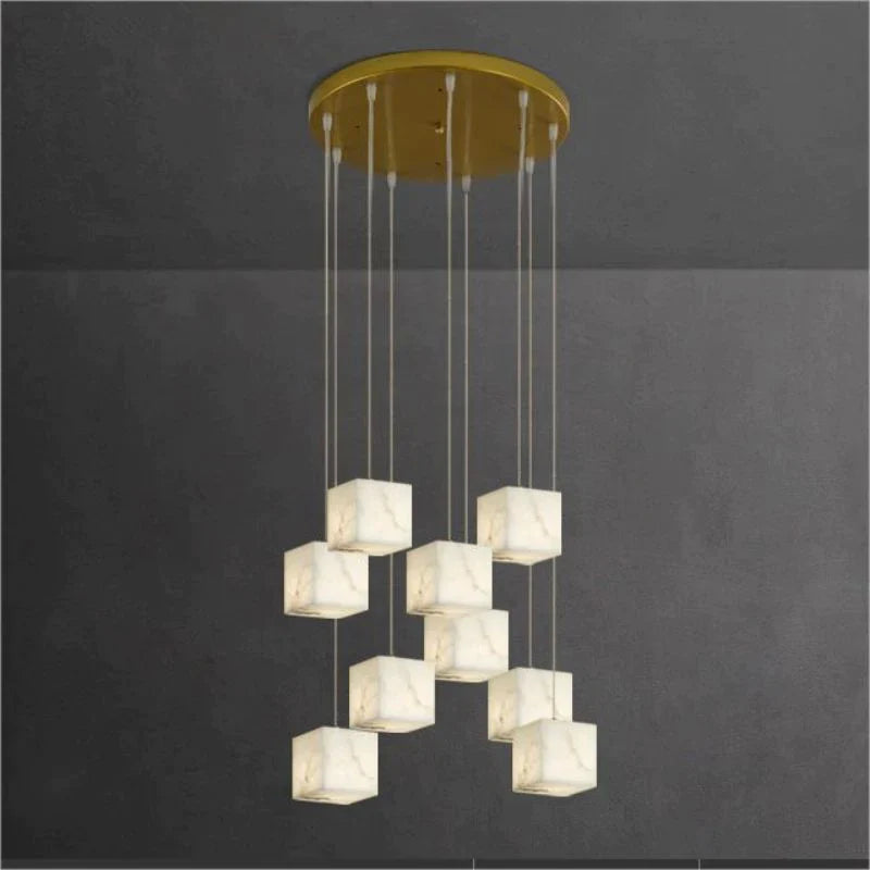 Olive Alabaster Cubic Round Pendant For Dining Table, Staircase Chandeliers Kevin Studio Inc 9-Light  