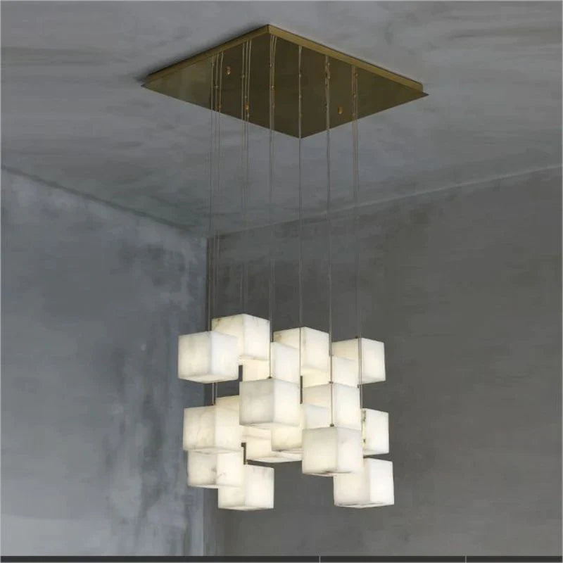 Olive Alabaster Cubic Round Pendant For Dining Table, Staircase Chandeliers Kevin Studio Inc 18-Light  